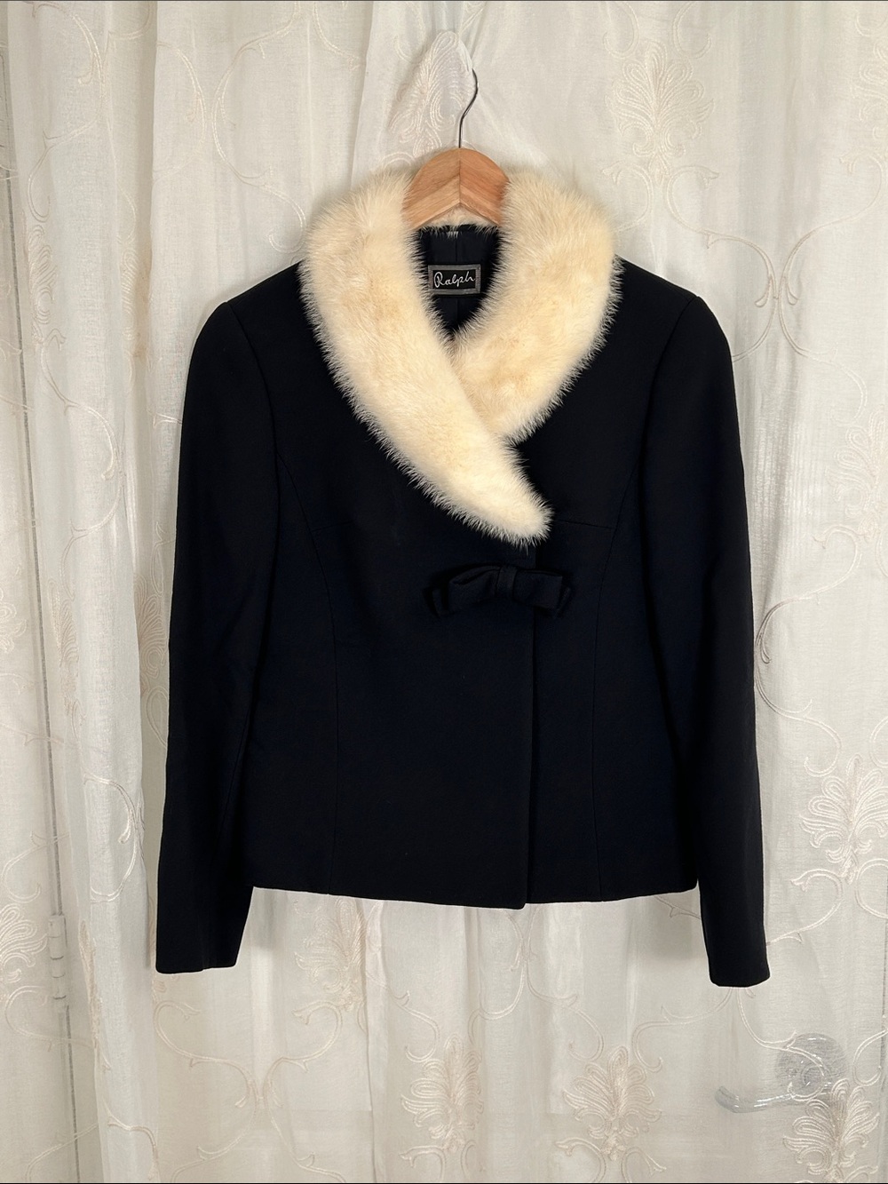 Vintage O.W. Plum Pure Virgin Wool Fur Collar Jacket Blue Bow S/M